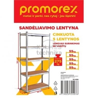 Cinkuota sandėliavimo lentyna PROMOREX, 5 lentynos, 275kg, 900x400x1800mm 3